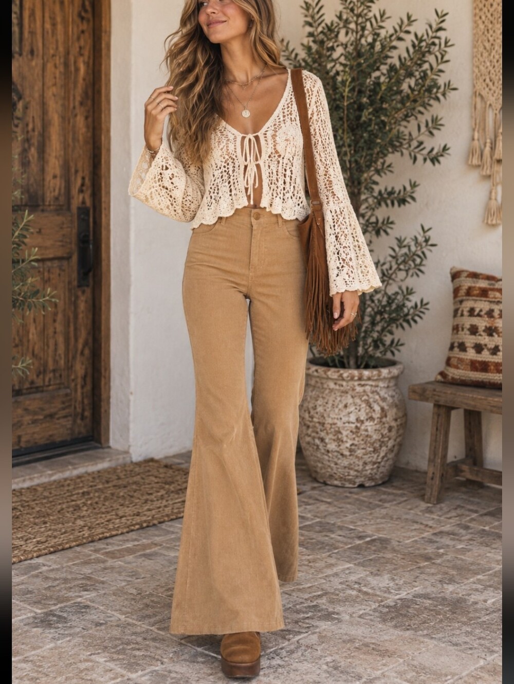 Flying Tomato Corduroy Flared Bell Botton 70's Retro Y2K Stretch Pants